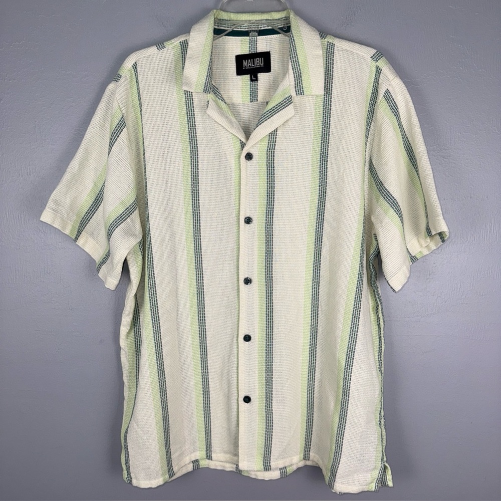 Malibu Green &‎ White Striped Textured The Linen Look Button Up Shirt Men’s L